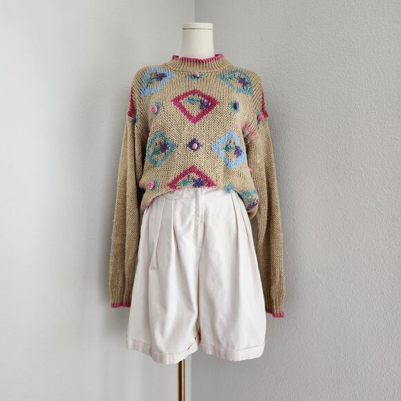 Vintage Cabin Creek Tan Spring Floral Pink Crew Neck Knit Sweater S - Picture 11 of 11